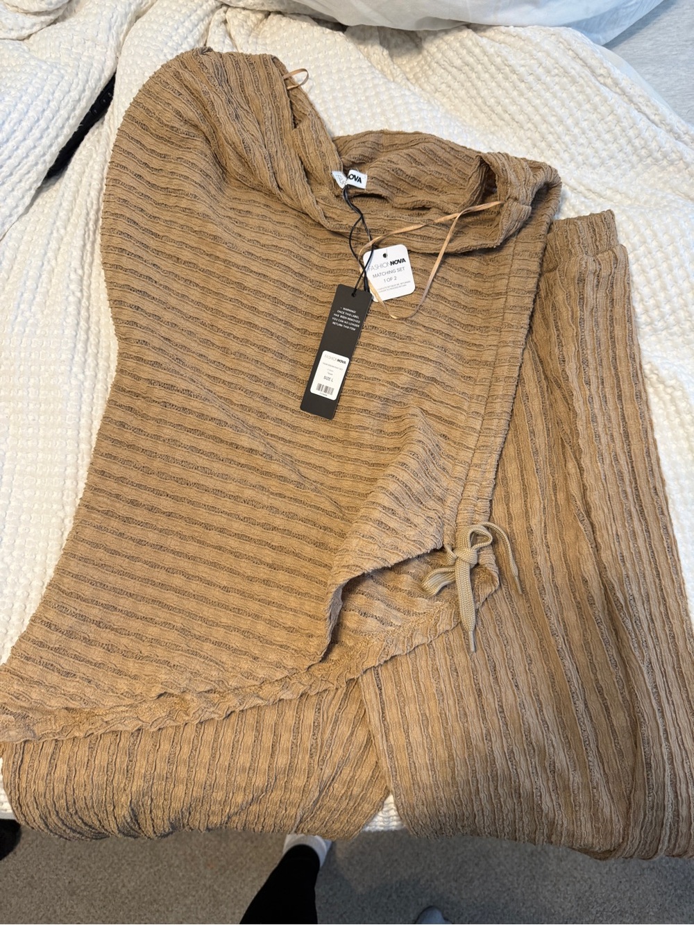 Fashion Nova Ribbed Matching Hoodie & Joggers - Tan